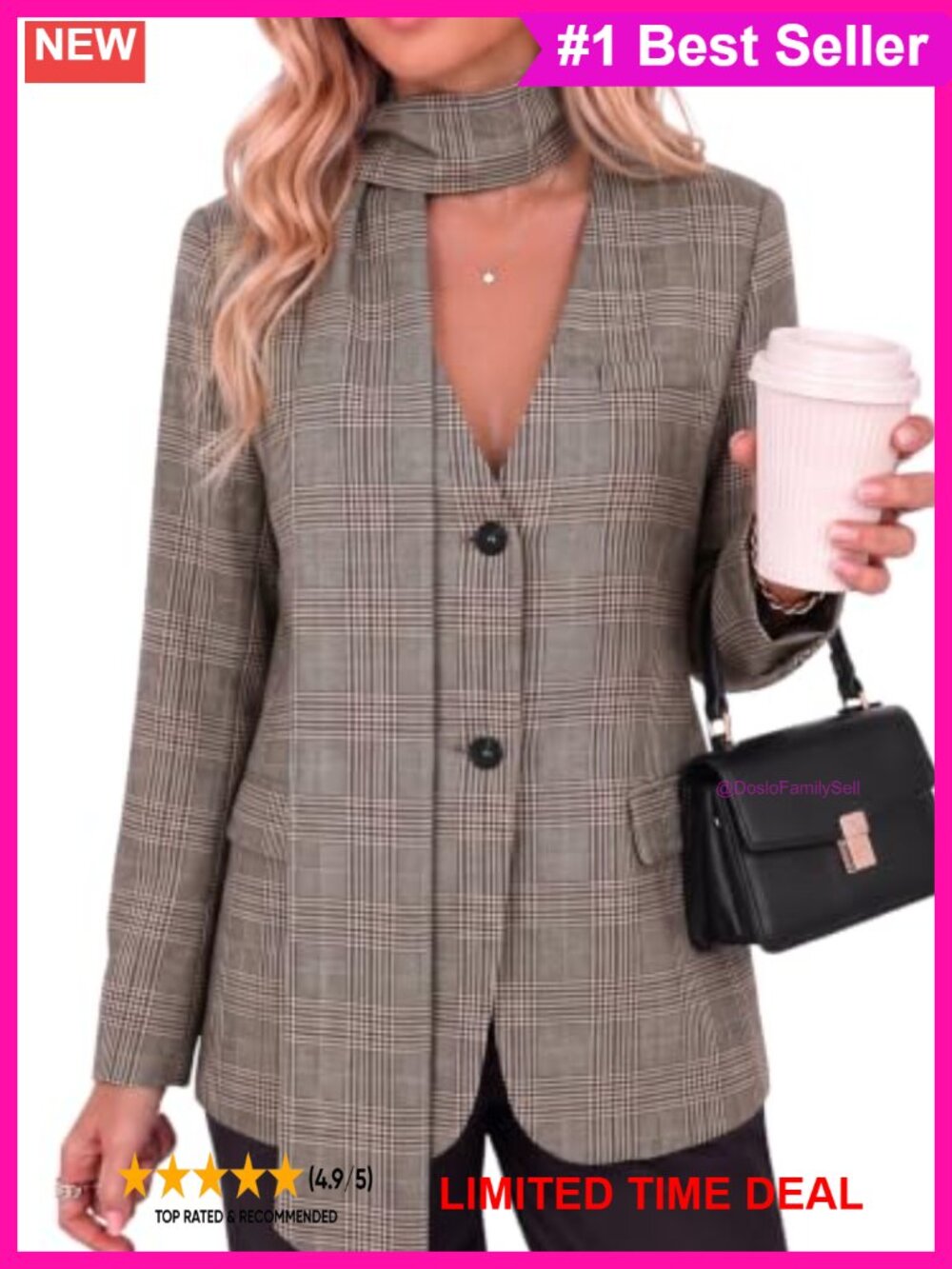 Plaid Business Casual Blazer V Neck Button Down Fitted Scarf Suit Jacket